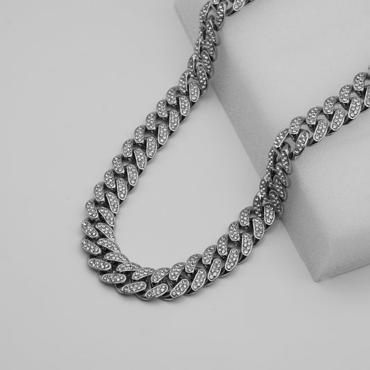 Cuban Link Chain with Crystals Silver Necklace