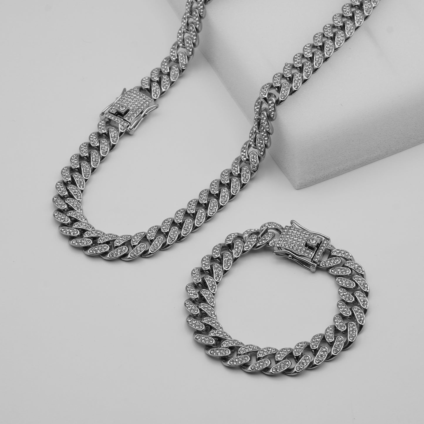 Cuban Link Chain with Crystals Silver Necklace