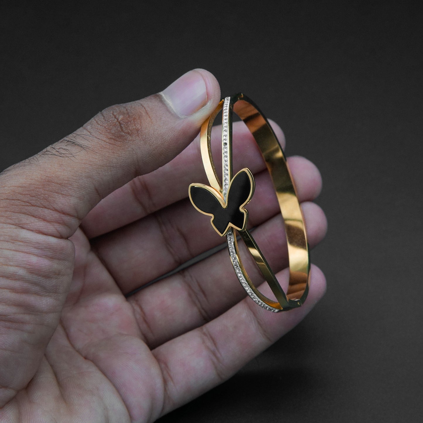 Gold Butterfly with Black Enamel and Crystals Bangle