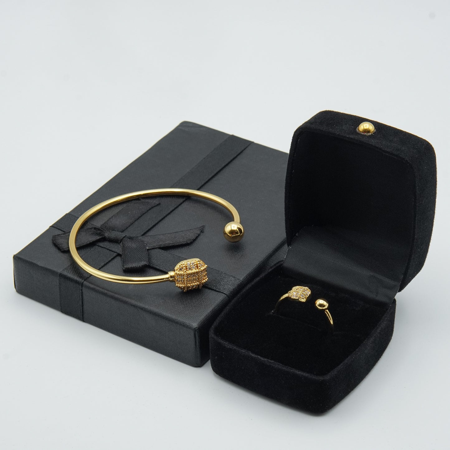 Gold Bangle and Ring Set with Crystal Accents