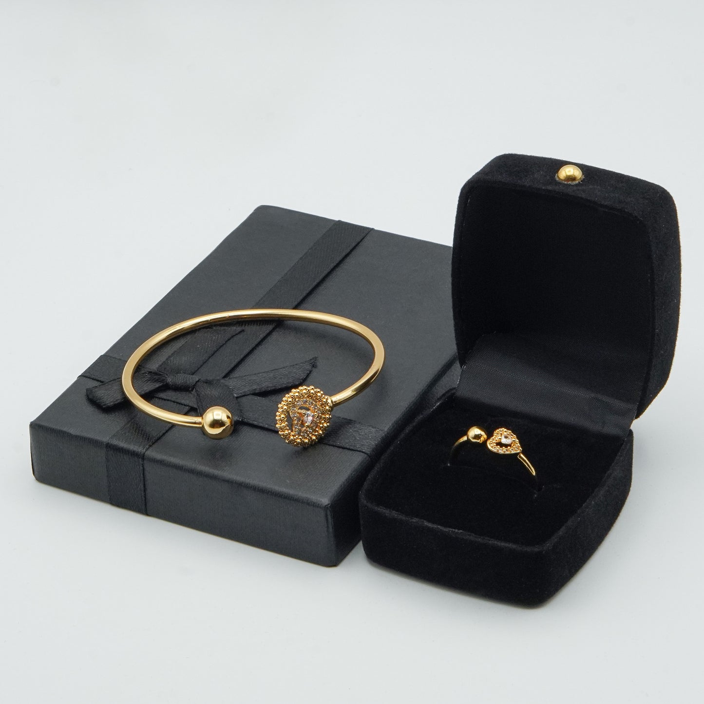 Gold Bangle and Ring Set with Crystal Accents