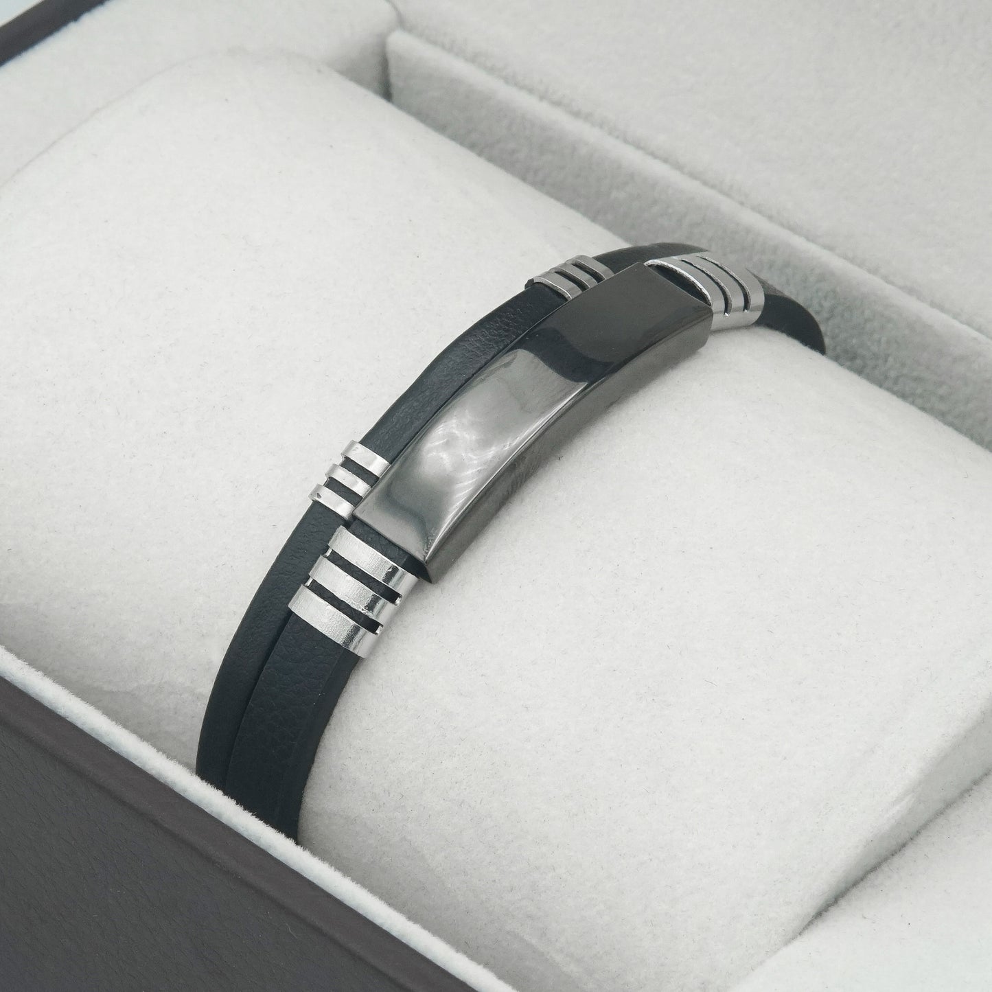 Sleek Black Leather Bracelet with Silver Accent