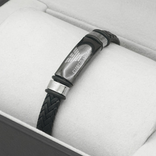 Armani Men's Black Leather Braided Bracelet