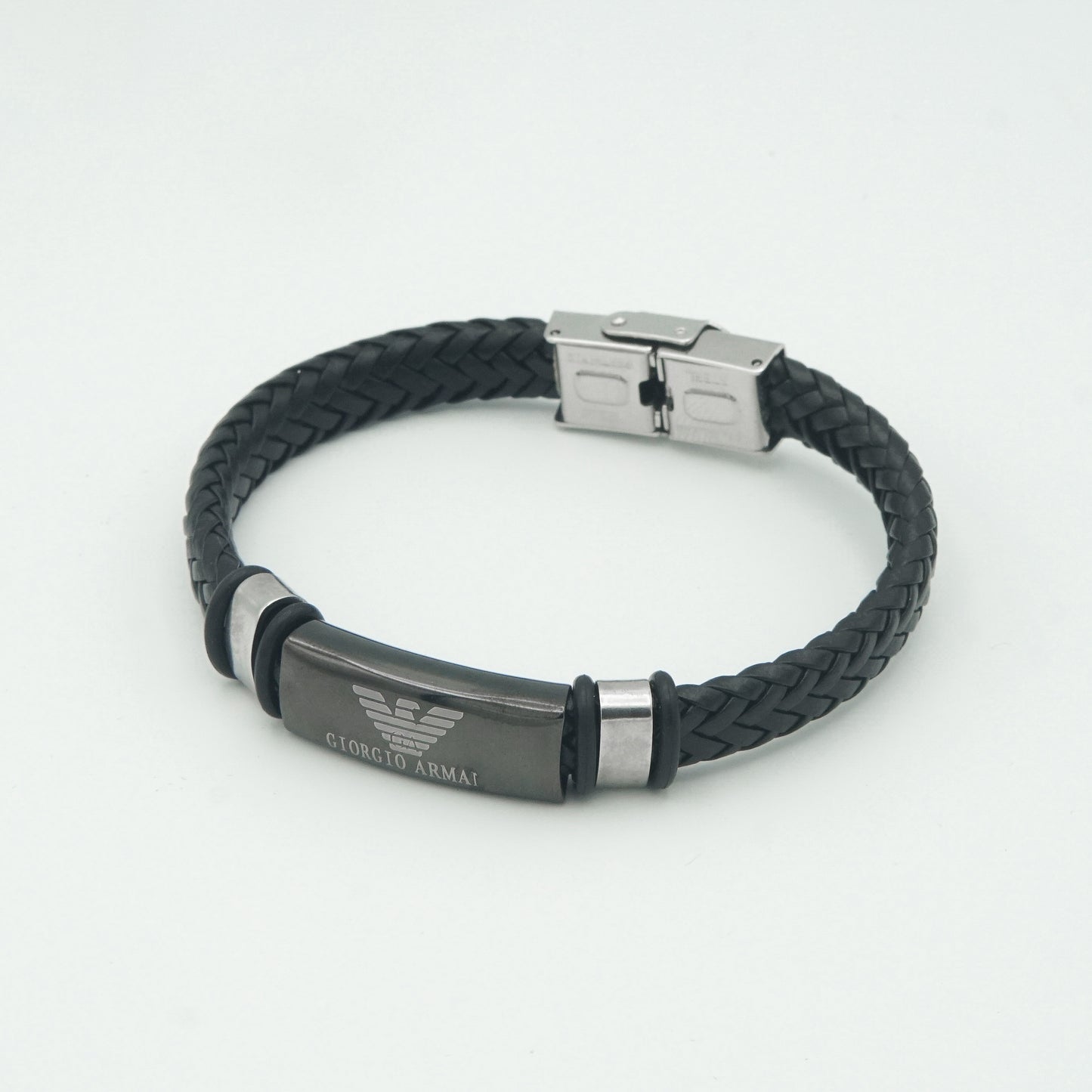 Armani Men's Black Leather Braided Bracelet