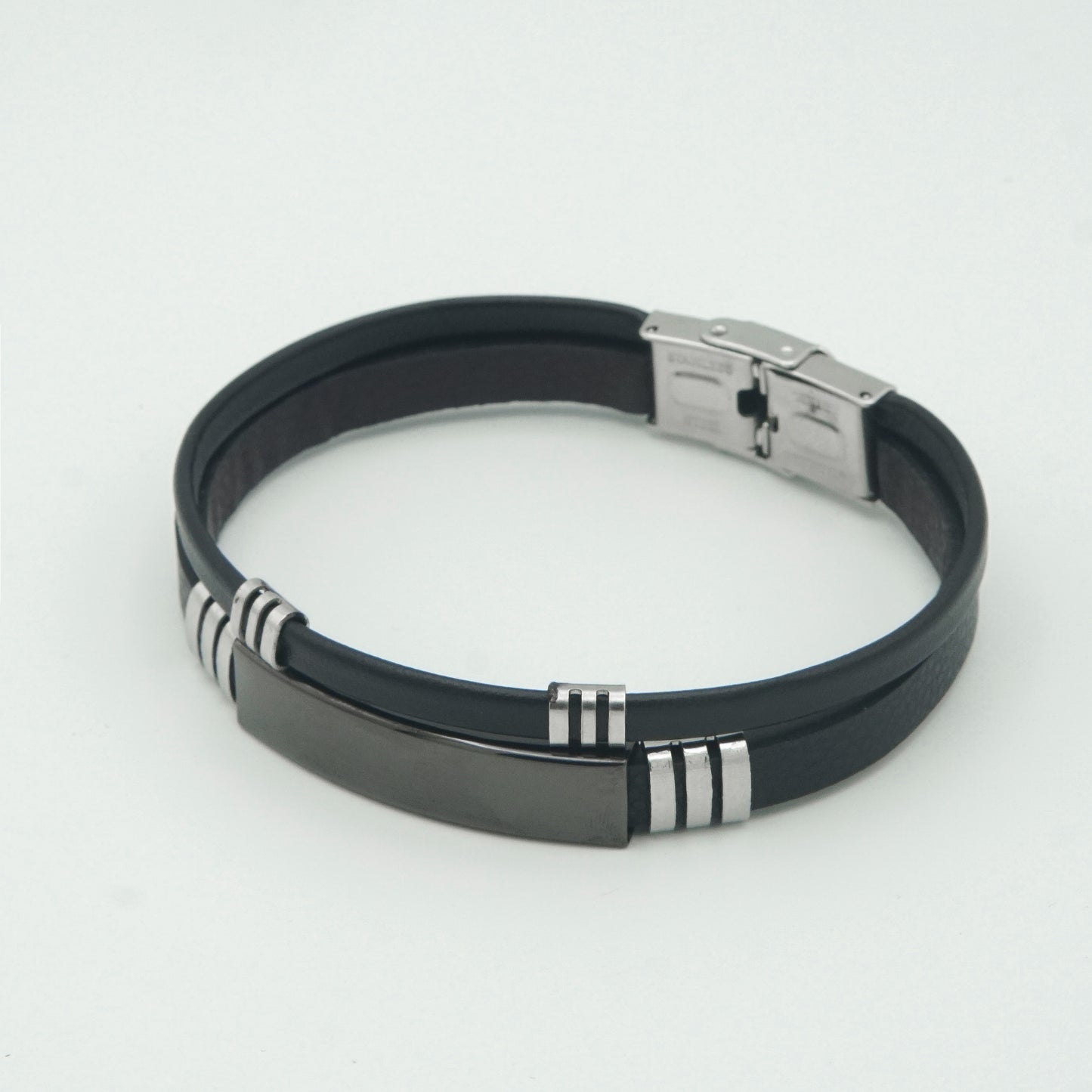 Sleek Black Leather Bracelet with Silver Accent