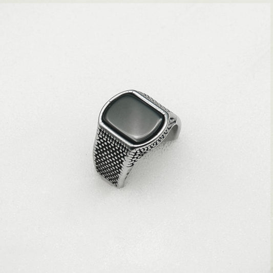 Silver Black Signet Ring with Textured Band