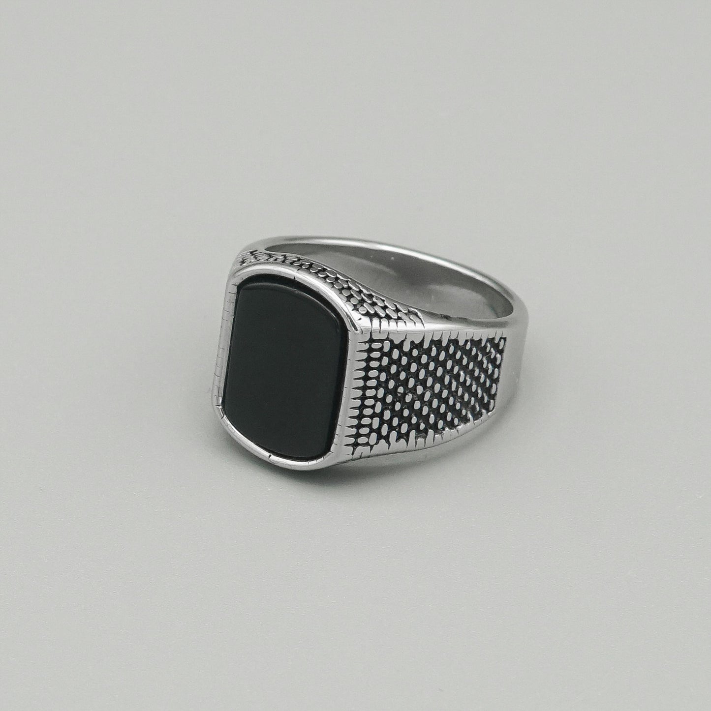 Silver Black Signet Ring with Textured Band