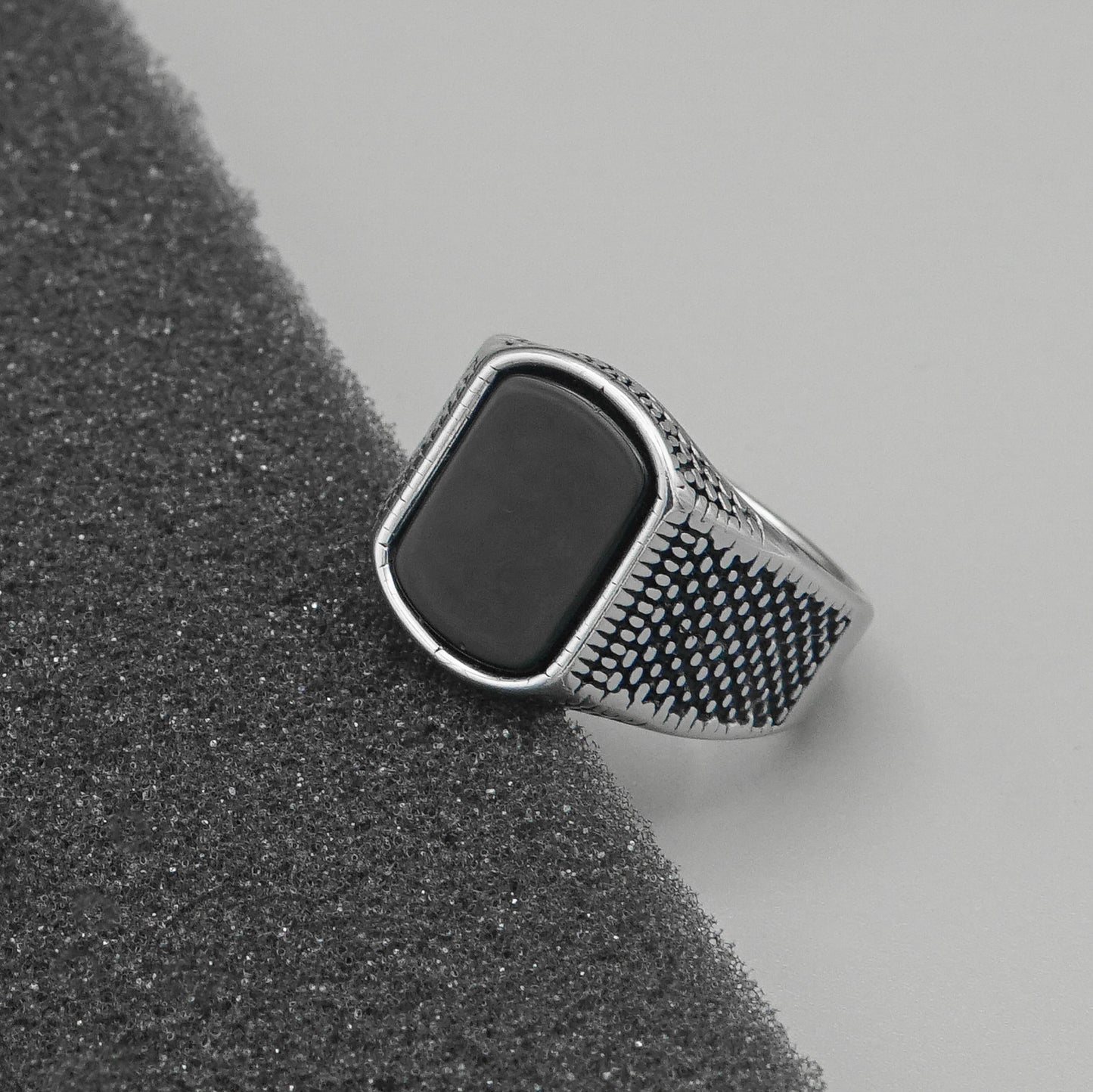 Silver Black Signet Ring with Textured Band