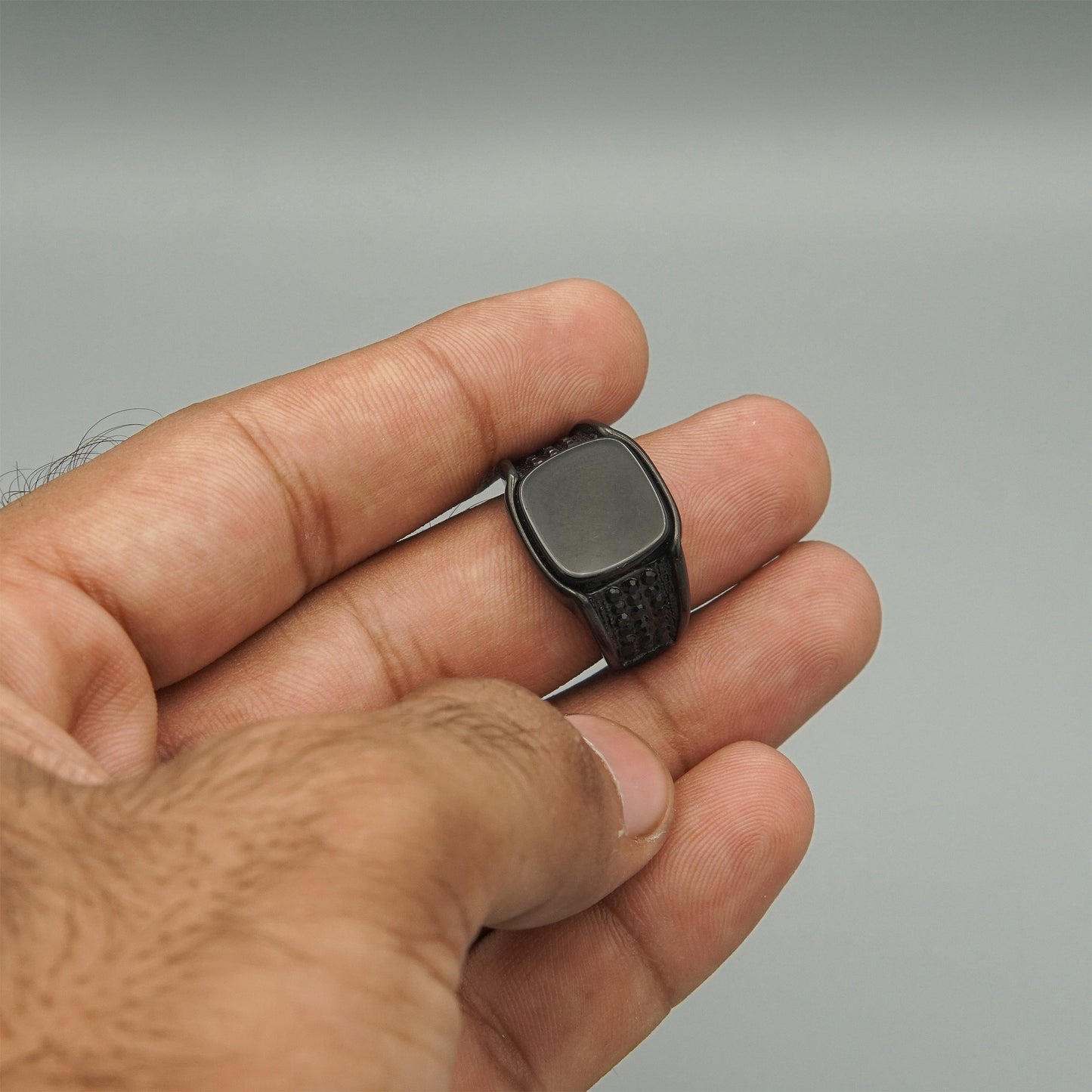 Dark Black Signet Ring with Textured Band