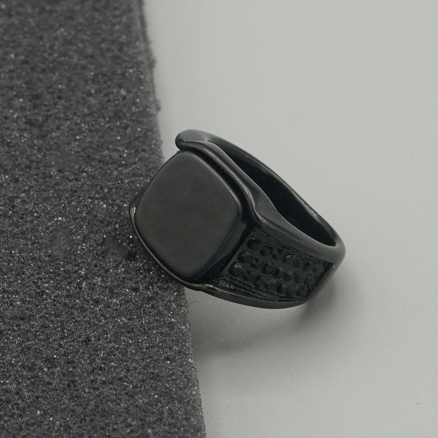 Dark Black Signet Ring with Textured Band