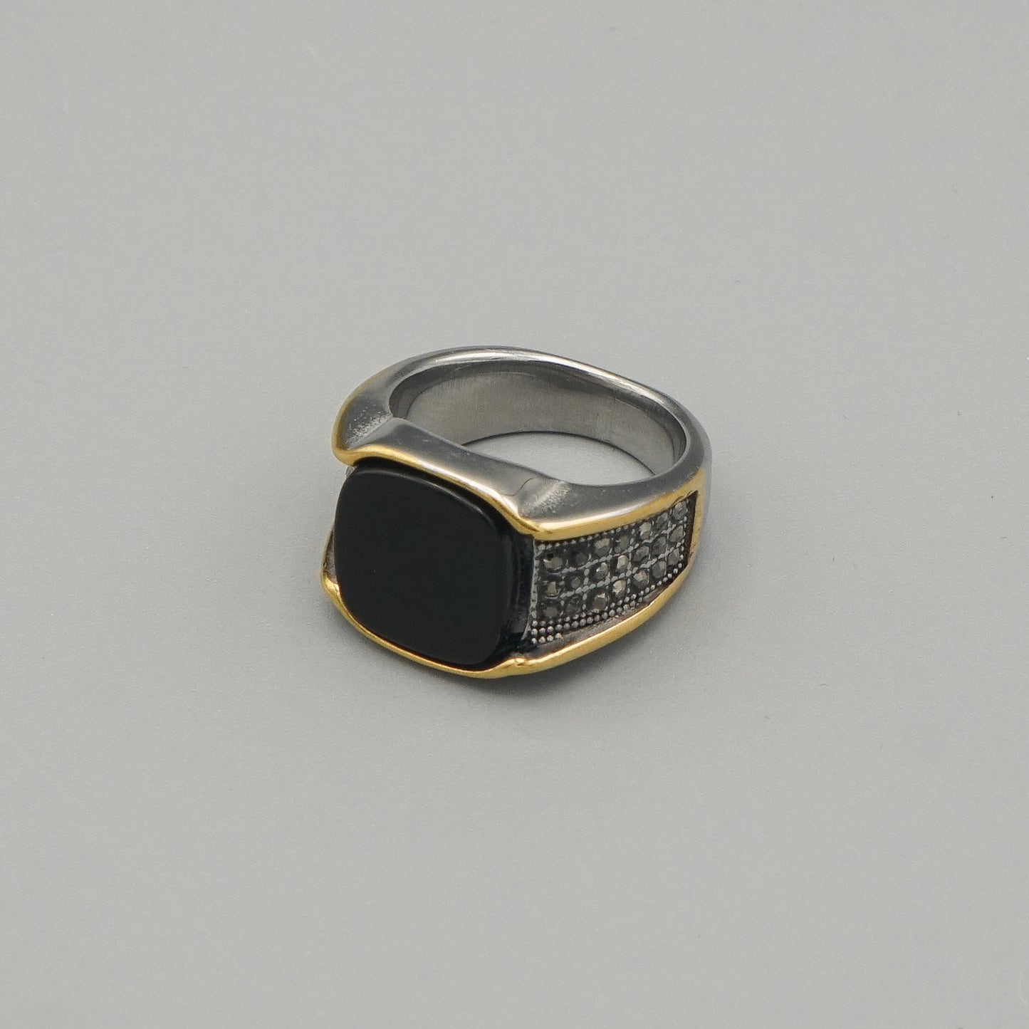 Gold Sided & Black Signet Ring with Textured Band