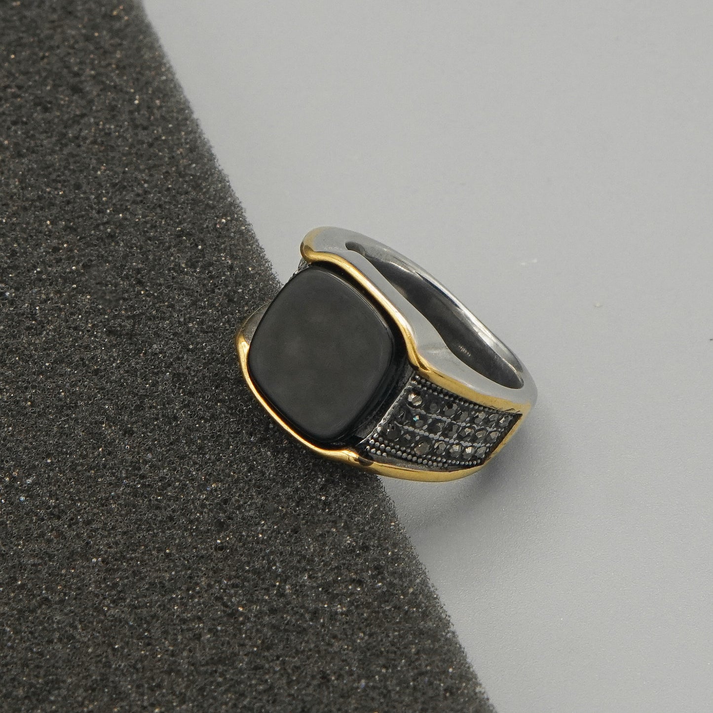 Gold Sided & Black Signet Ring with Textured Band